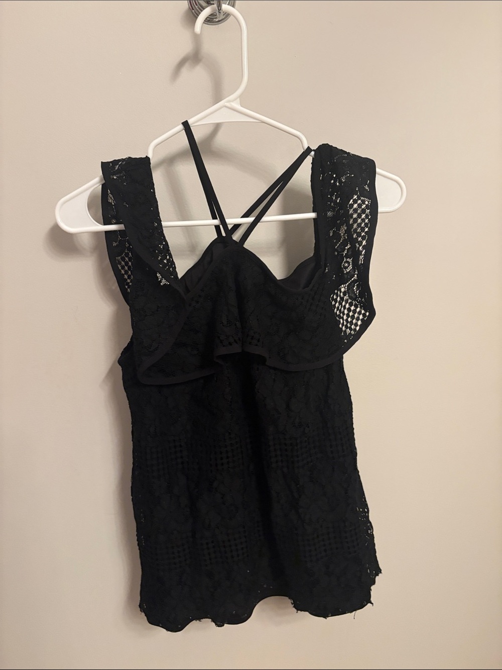 Black Lace Ruffle off The Shoulder Tank with Crisscross Straps
